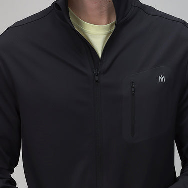 close up of black full zip jacket