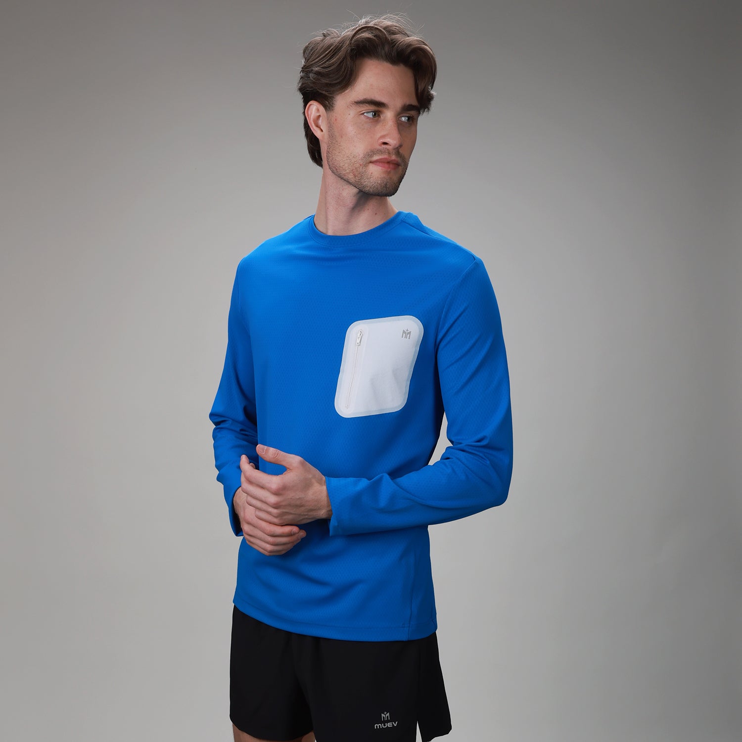 front of blue bonded pocket long sleeve
