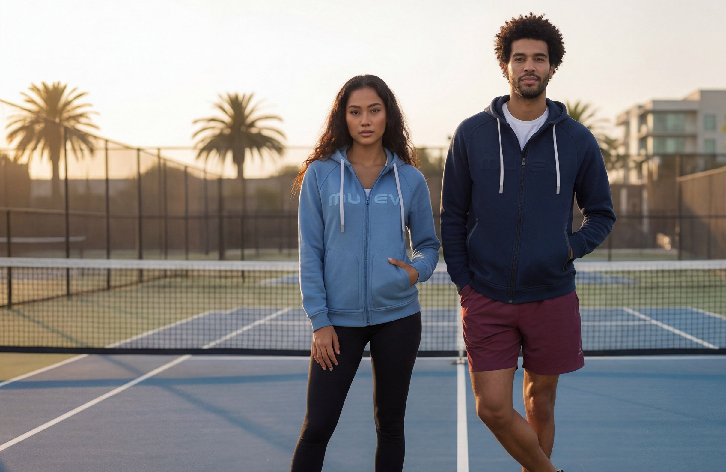 Two people standing on a tennis court with palm trees in the background
