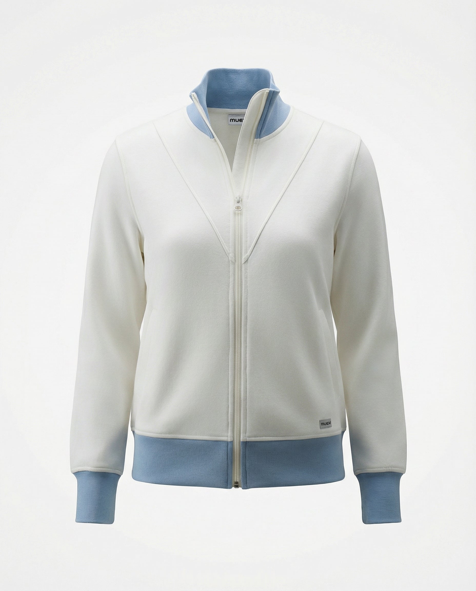 white zip-up jacket with blue collar and cuffs, featuring a minimalist design for padel and pickleball apparel