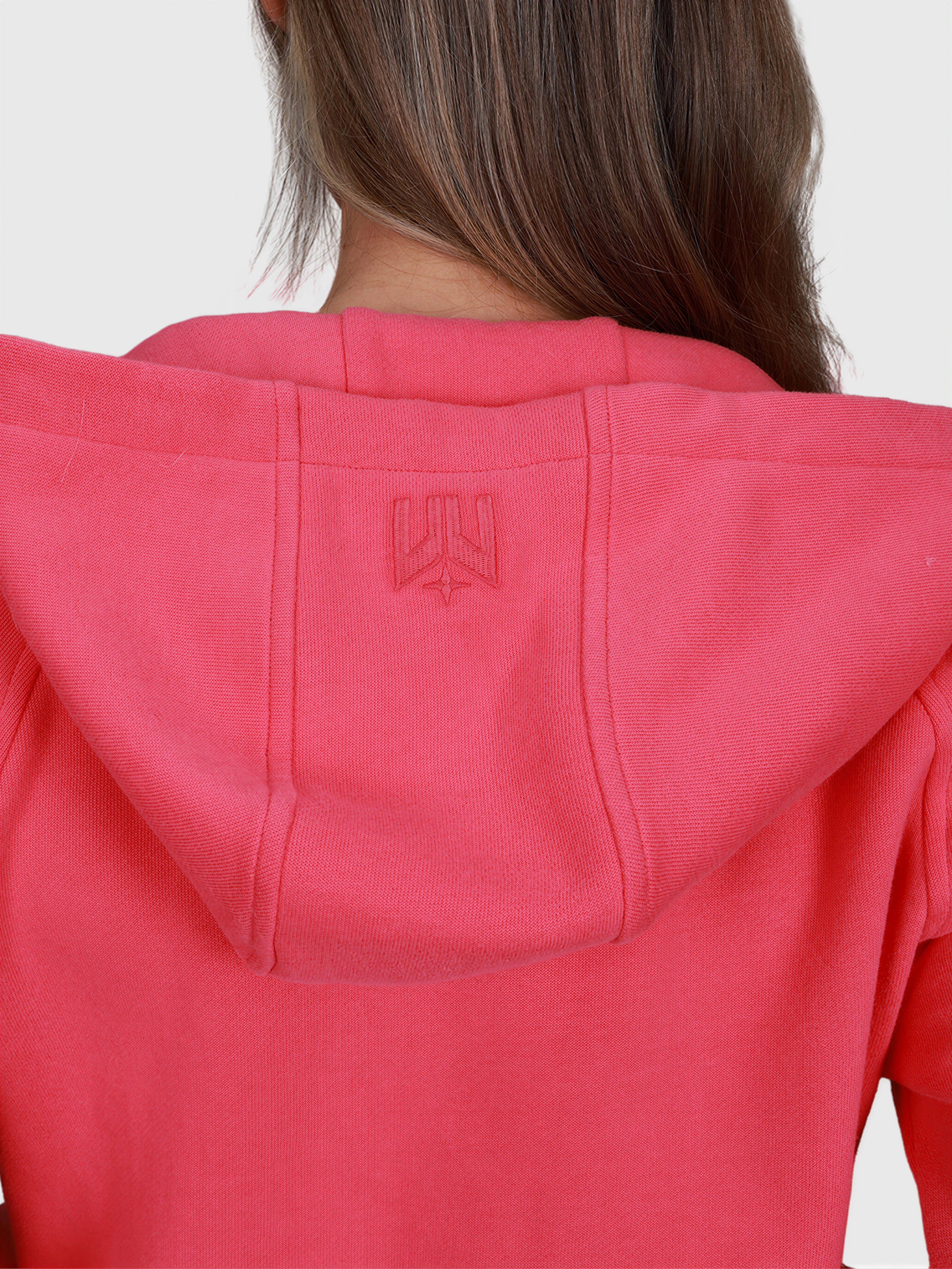 Close-up of pink Women's Off Court Full Zip Hoodie hood with embossed logo by MUEV for padel and pickleball apparel