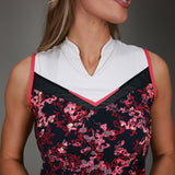 close of up neck pink floral mandarin dress