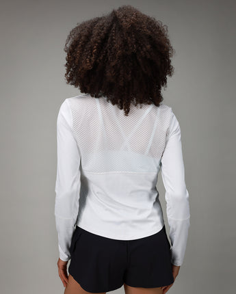 back of womens white long shleeve with mesh back