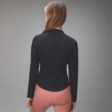 back of black womens long sleeve with mesh