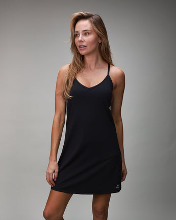 black tank dress with crisscross back straps
