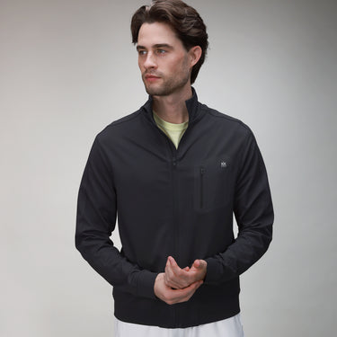 front of black full zip jacket