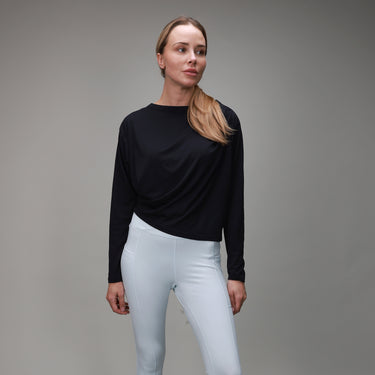 front of light blue leggings with black airy shirt 