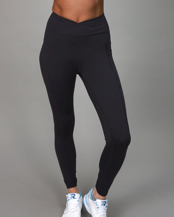 black leggings with crossover fabric at top 