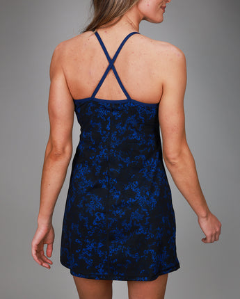 back of floral blue v dress