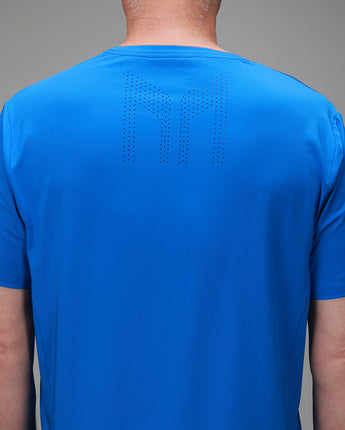 Back of bright blue chevron shirt