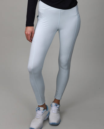 light blue leggings with crossover fabric at top