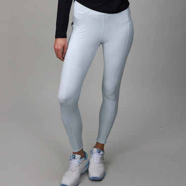 light blue leggings with crossover fabric at top 