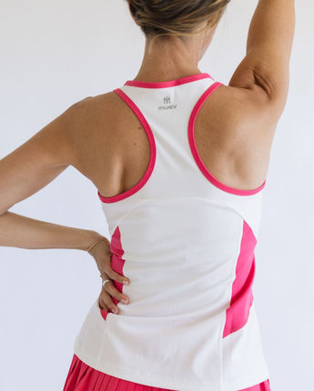 Back of white and pink top on a person