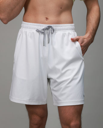 front of white bonded short 