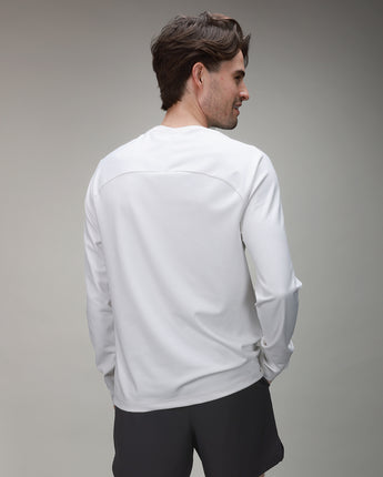 back of white long sleeve bonded pocket tee