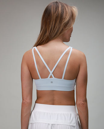 light blue sports bra with cross back 