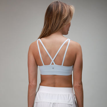 light blue sports bra with cross back 