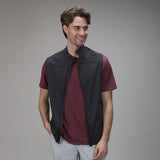front of plum chevron tee with black vest 