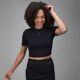 black crop tee front with black airy skirt 
