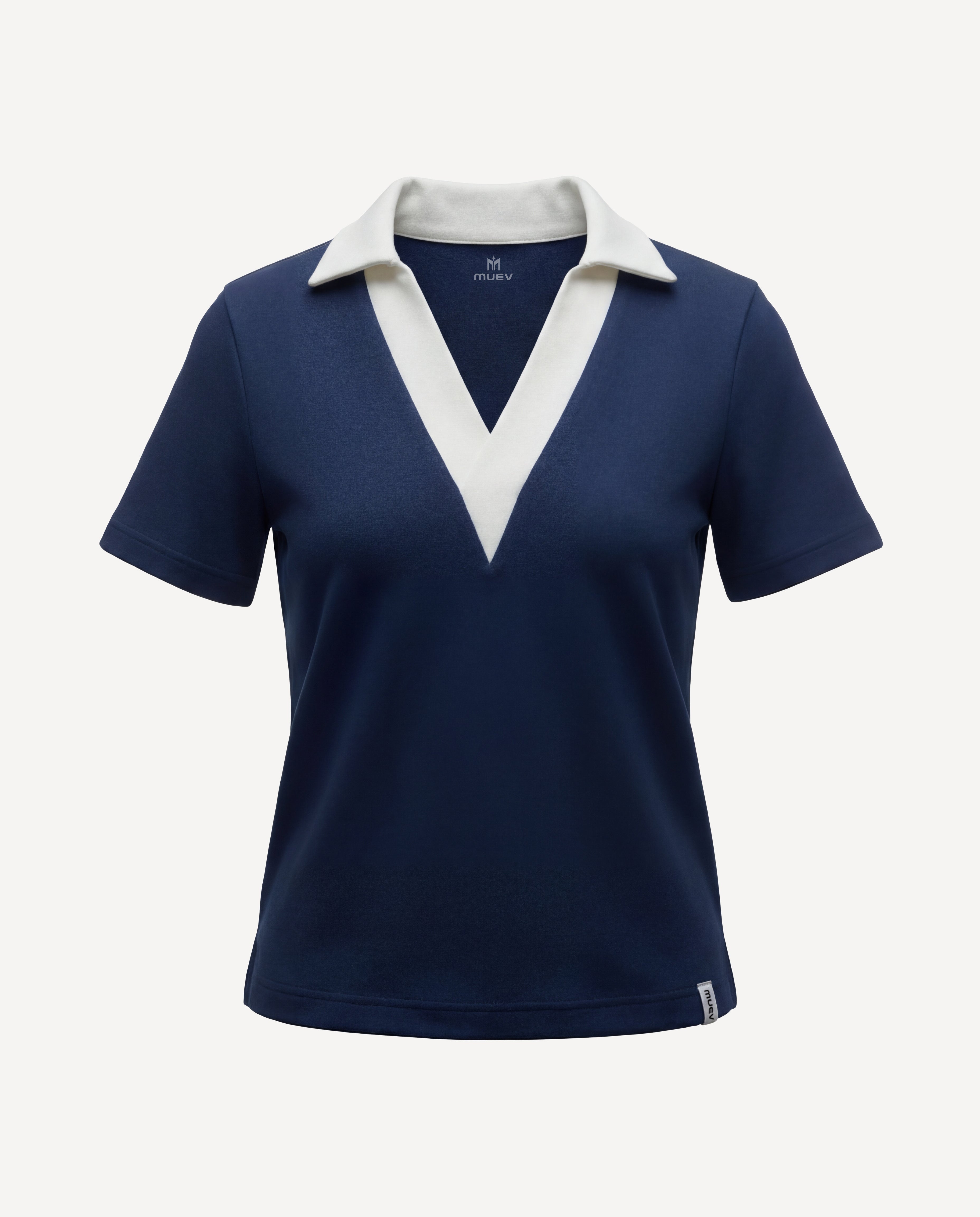 navy Resort Polo with contrasting white collar and V-neck, designed for comfortable padel and pickleball apparel