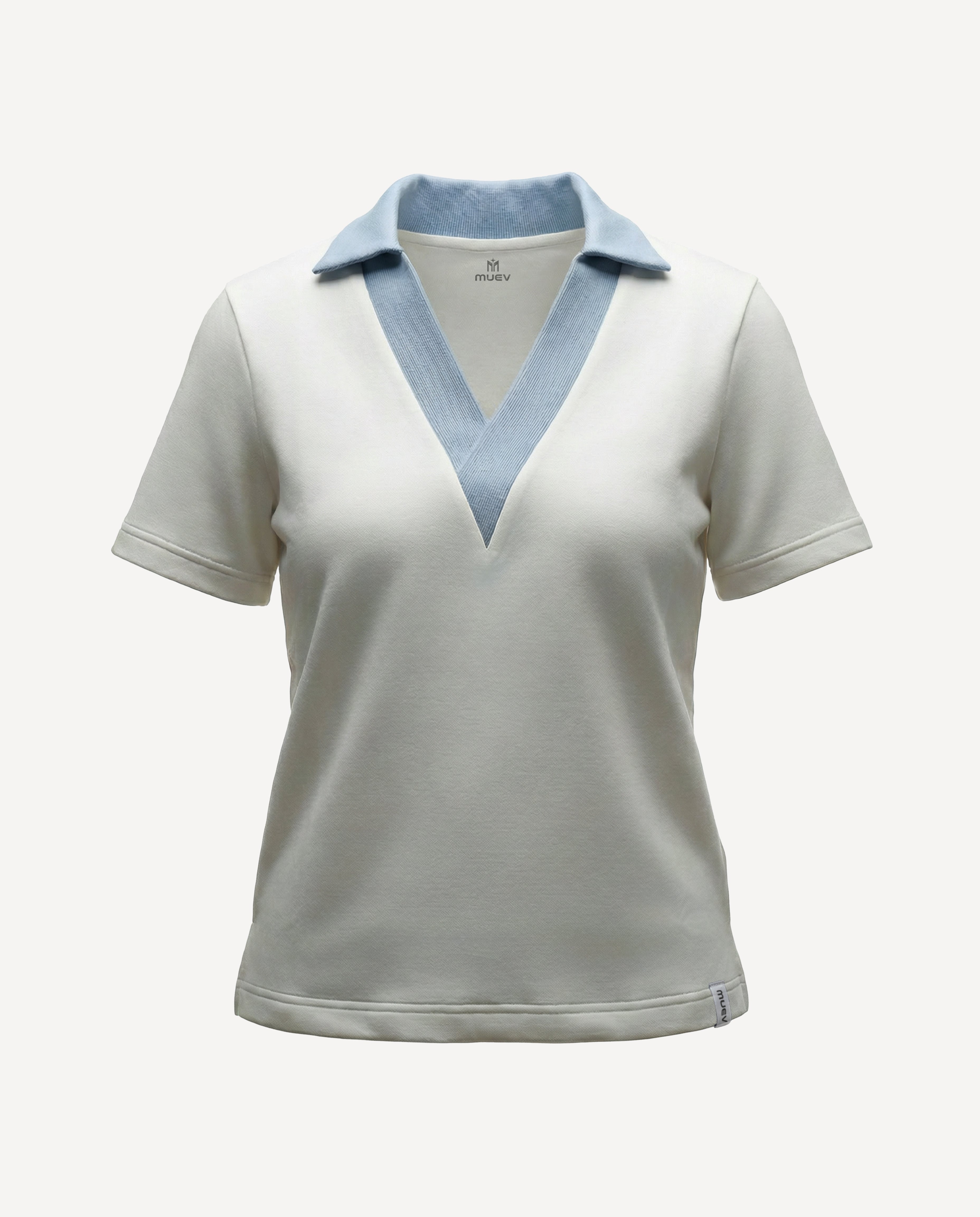 white polo shirt with light blue contrast collar and V-neck detail, designed for padel and pickleball apparel
