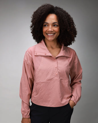 pink outerwear jacket with half button down 