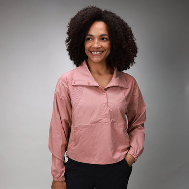 pink outerwear jacket with half button down 
