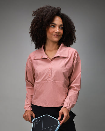 pink outerwear jacket with half button down 