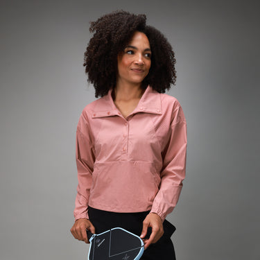 pink outerwear jacket with half button down 