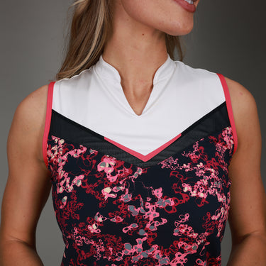 close of up neck pink floral mandarin dress