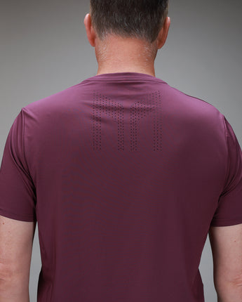 back of plum chevron tee with muev logo
