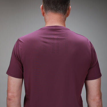 back of plum chevron tee with muev logo 