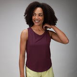 front of plum relaxed tank with yellow short 