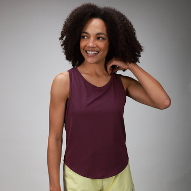 front of plum relaxed tank with yellow short 