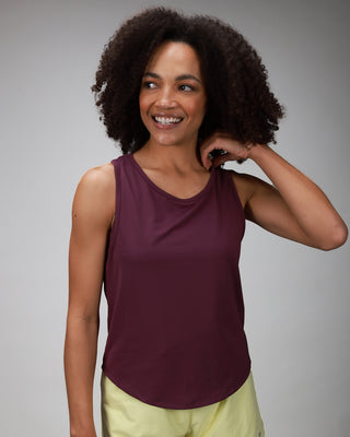 front of plum relaxed tank with yellow short 
