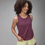 front of yellow short and plum tank 