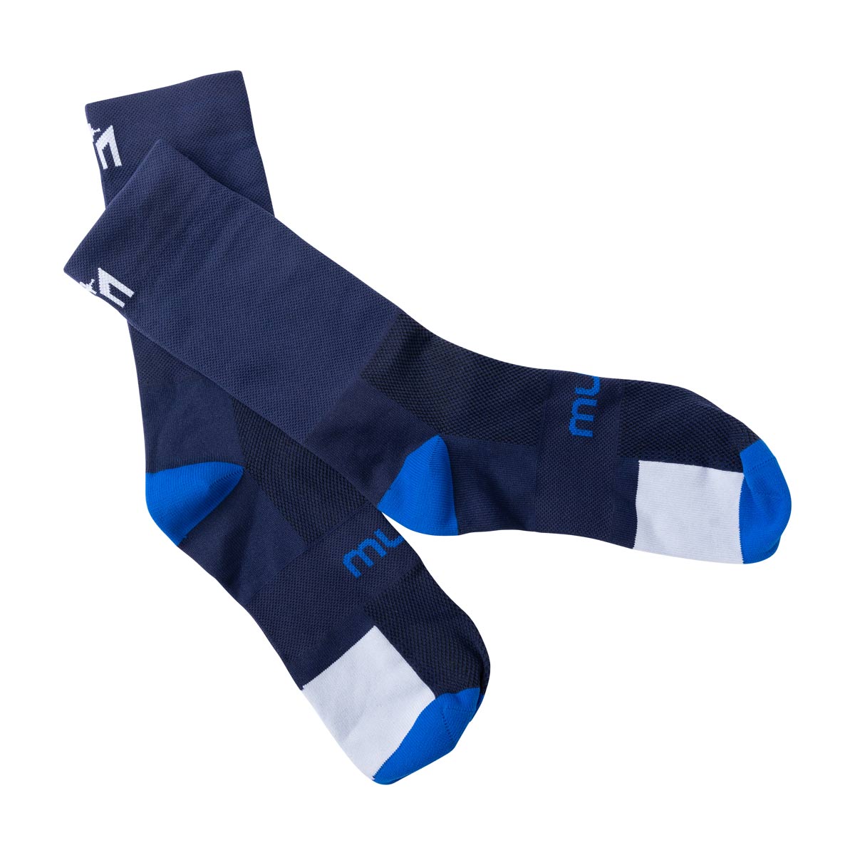 pair of navy compression crew socks with blue heels and toes and white accents, designed for athletic wear