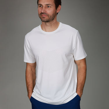 front of white chevron tee