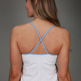 back of white v dress with blue strap