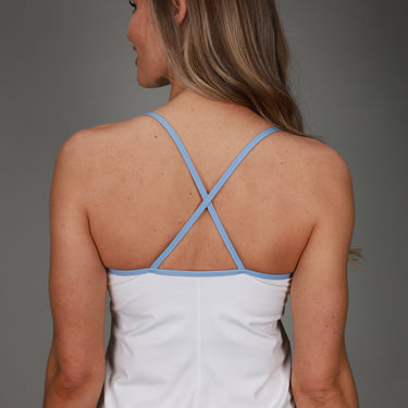 back of white v dress with blue strap